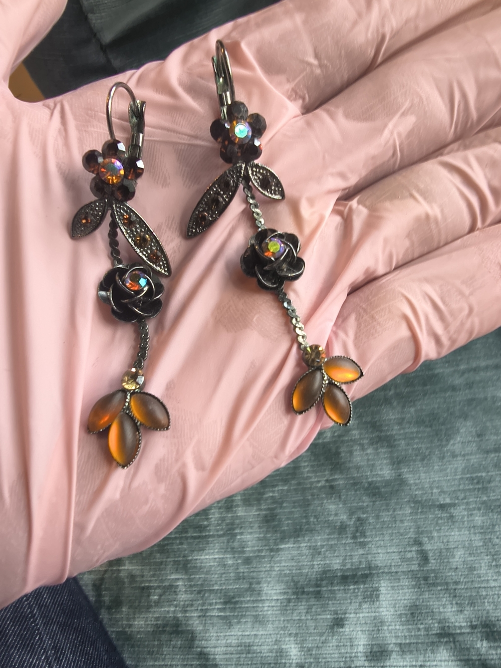 Floral Dangle Earring AB Crystal Enamel Flower Gothic Romantic Botanical Jewelry